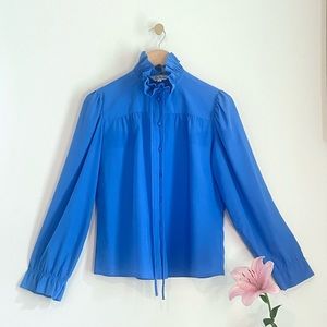 Vintage Ruffled Collar Blue Button Up Blouse